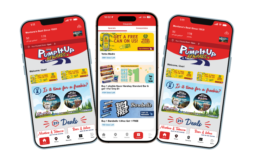 Mockup of Town Pump Pump It Up Rewards+ app screenshots on phones