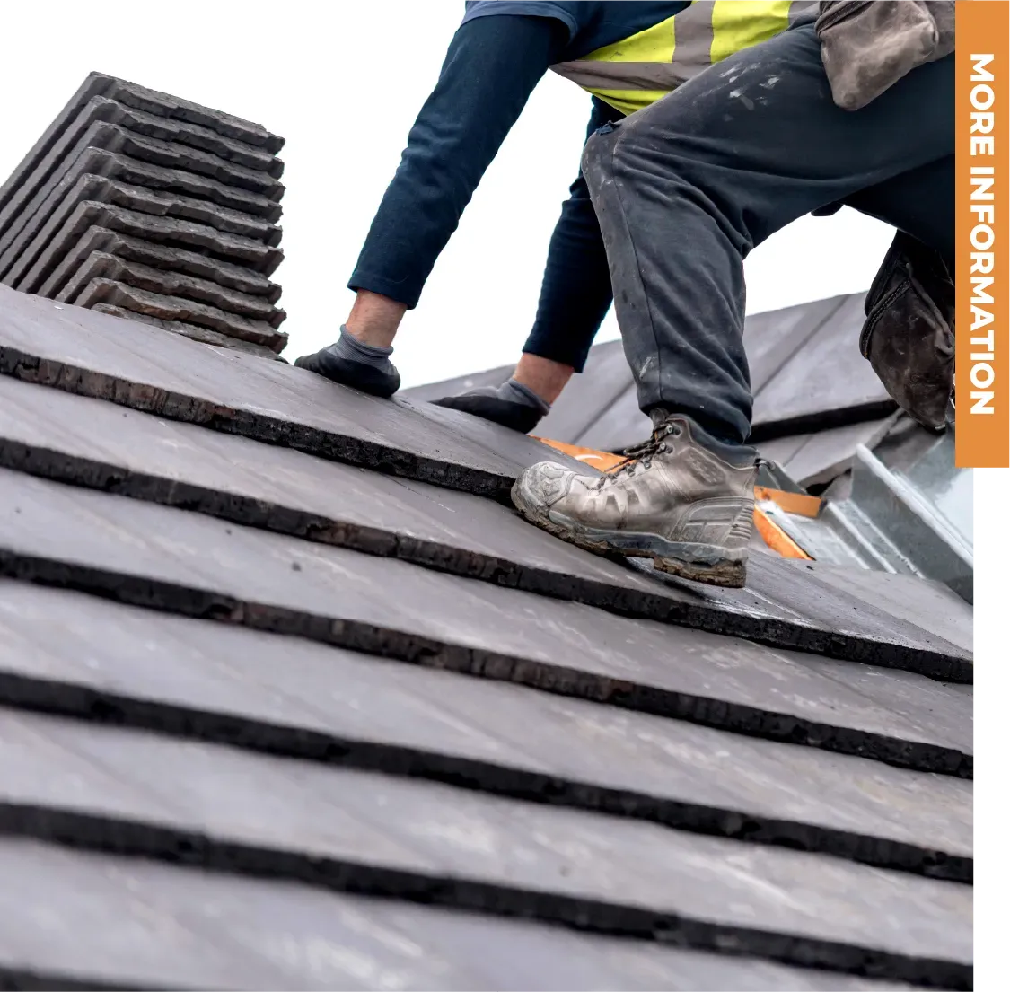Two men are working on a roof with the words more information below them