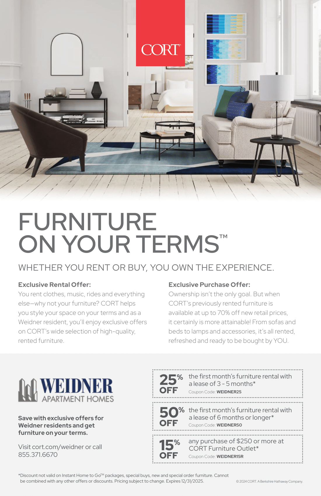 CORT furniture ad with a living room setting, offering discounts for Weidner apartment residents.