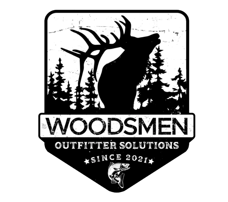 The logo for woodmen outfitter solutions shows a deer in the woods.