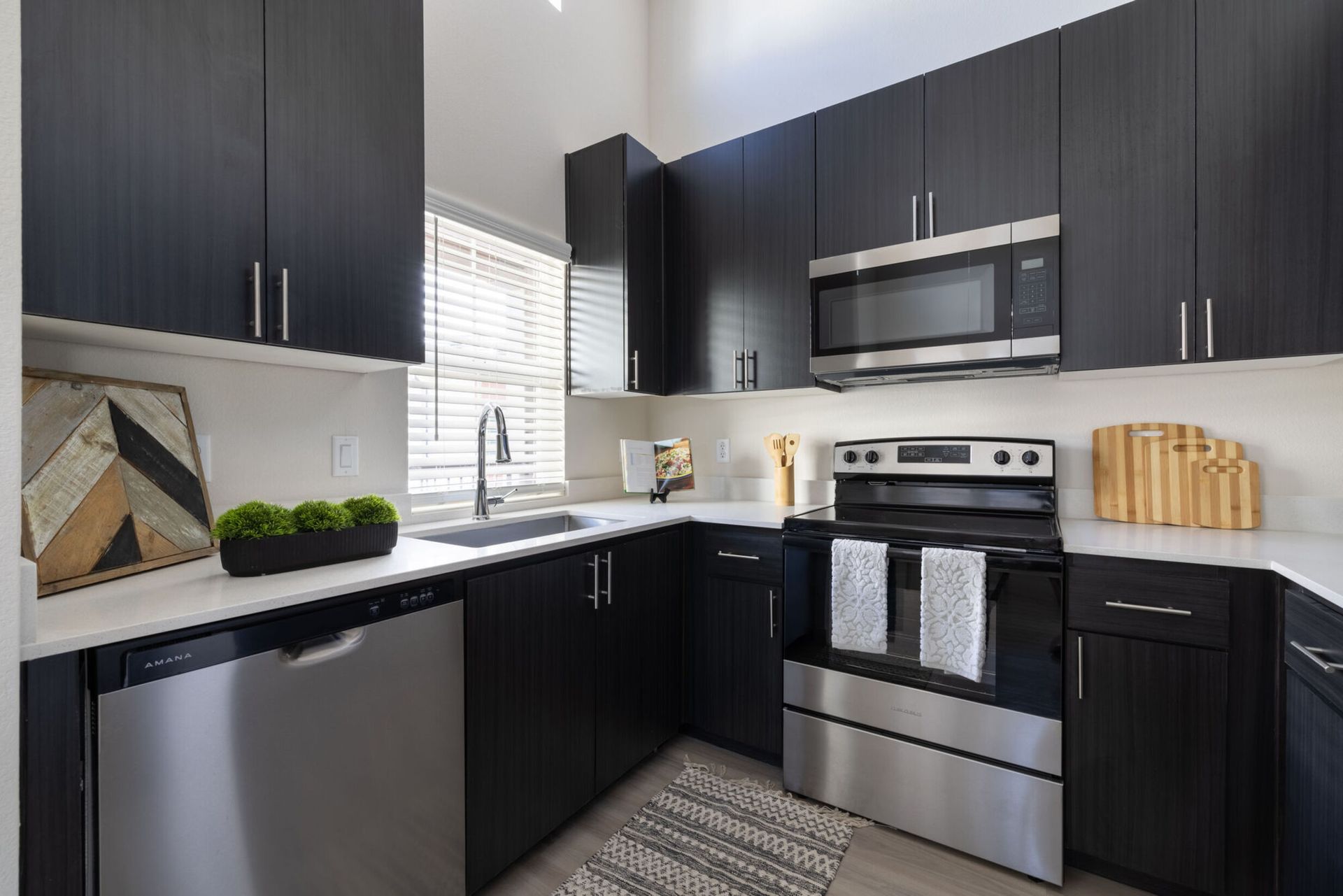 Modern kitchen with dark cabinetry and stainless steel appliances