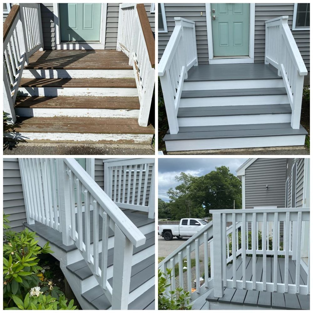 A collage of pictures showing the steps of a house before and after being painted