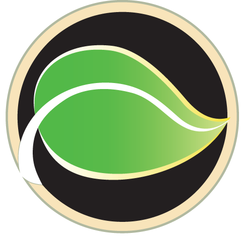 A green leaf is in a circle on a black background.