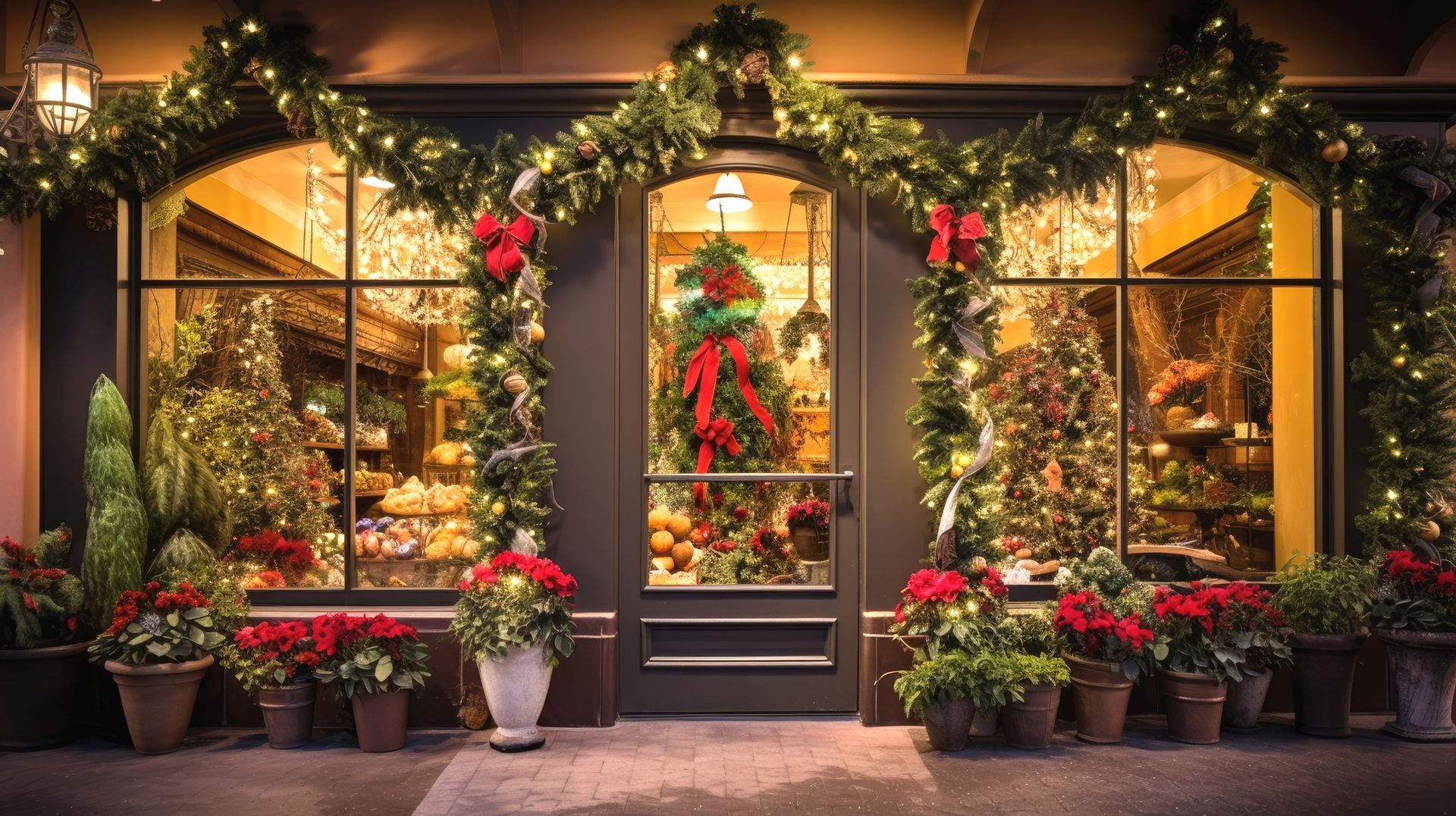 A store front decorated for christmas with a christmas tree in the window.