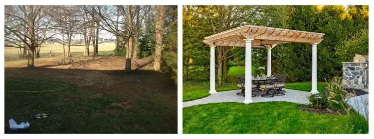 A before and after picture of a pergola in a backyard.