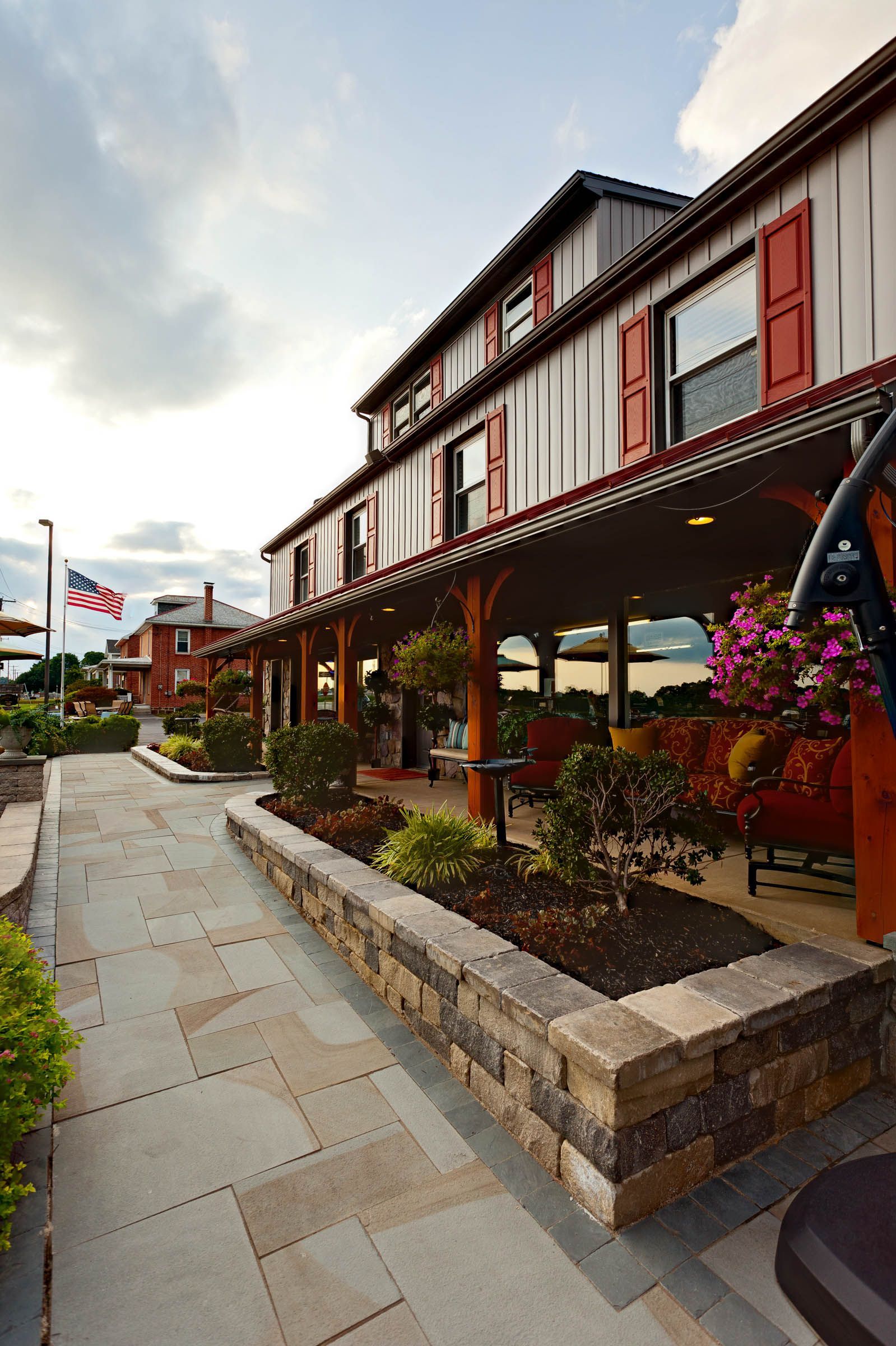 A large building with a walkway leading to it