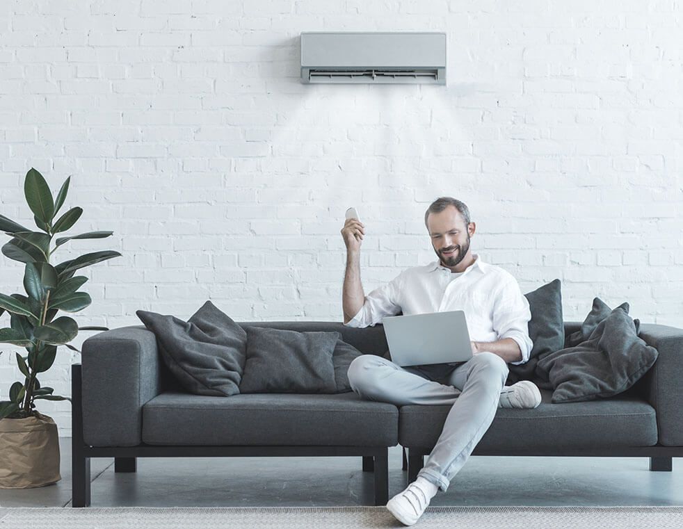 Man on couch using laptop, air conditioner above, plant to the left, white brick wall.