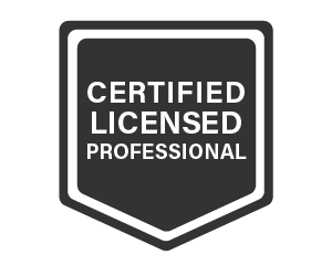 Black and white badge with the words