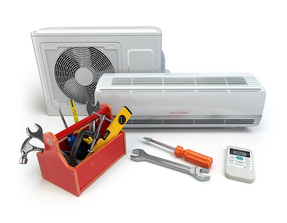 Air conditioner units with toolbox and tools, remote control.