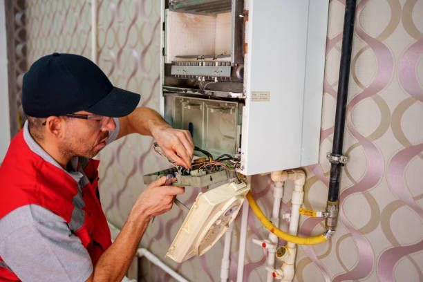 Man in red vest repairs a furnace, holding wires, in a room with patterned wallpaper.