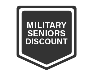 Black and white shield-shaped graphic with text: MILITARY SENIORS DISCOUNT.