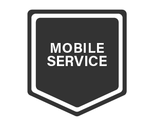 Black shield icon with white text