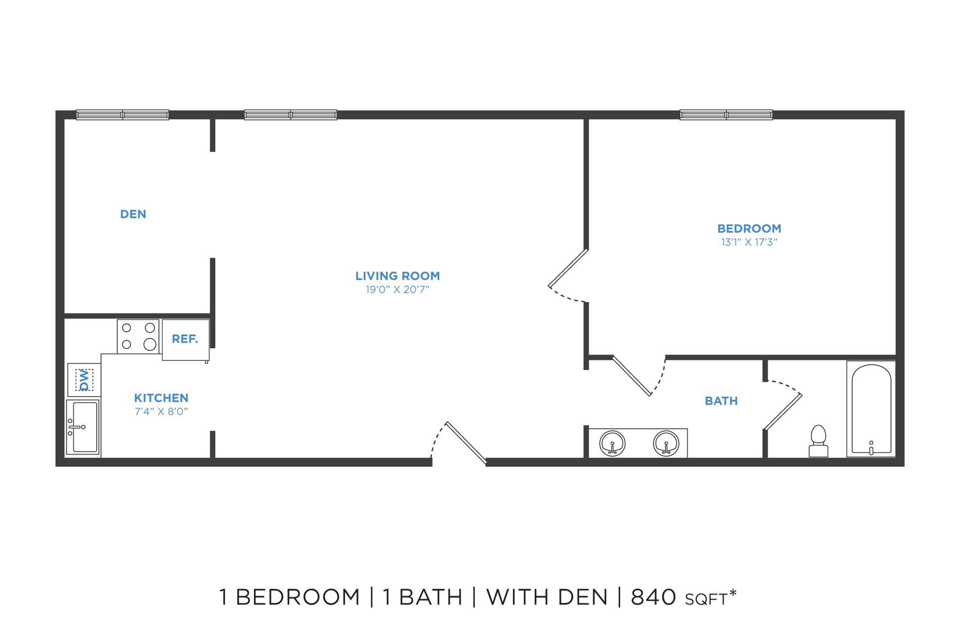 Floor plan: 1-bedroom apartment layout with a den, featuring kitchen, living room, bedroom, and bathroom.