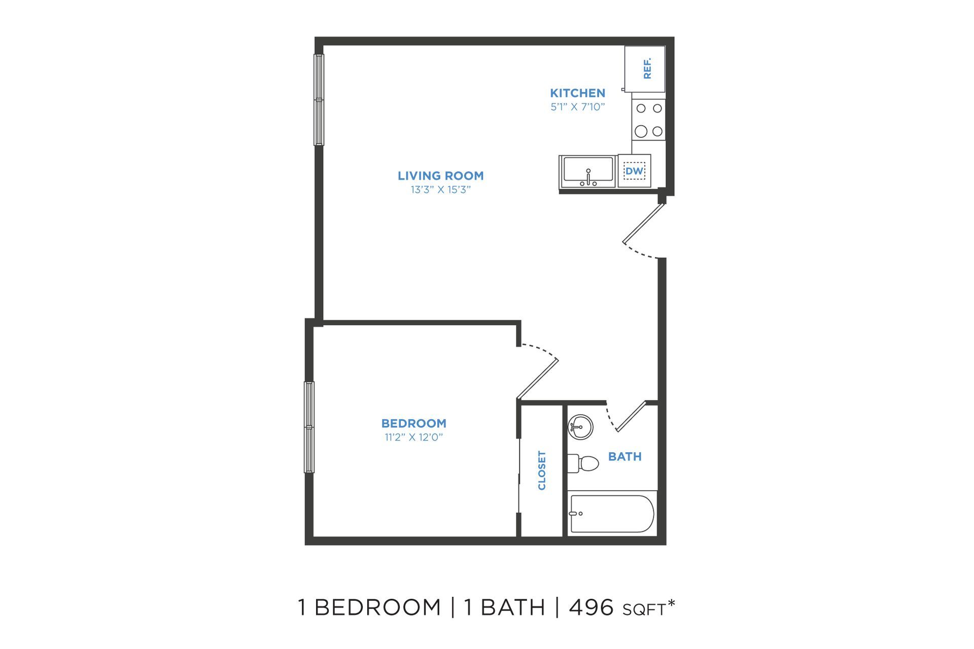 Floor plan of a 1-bedroom, 1-bath apartment. Includes kitchen, living room, bedroom, and bathroom.