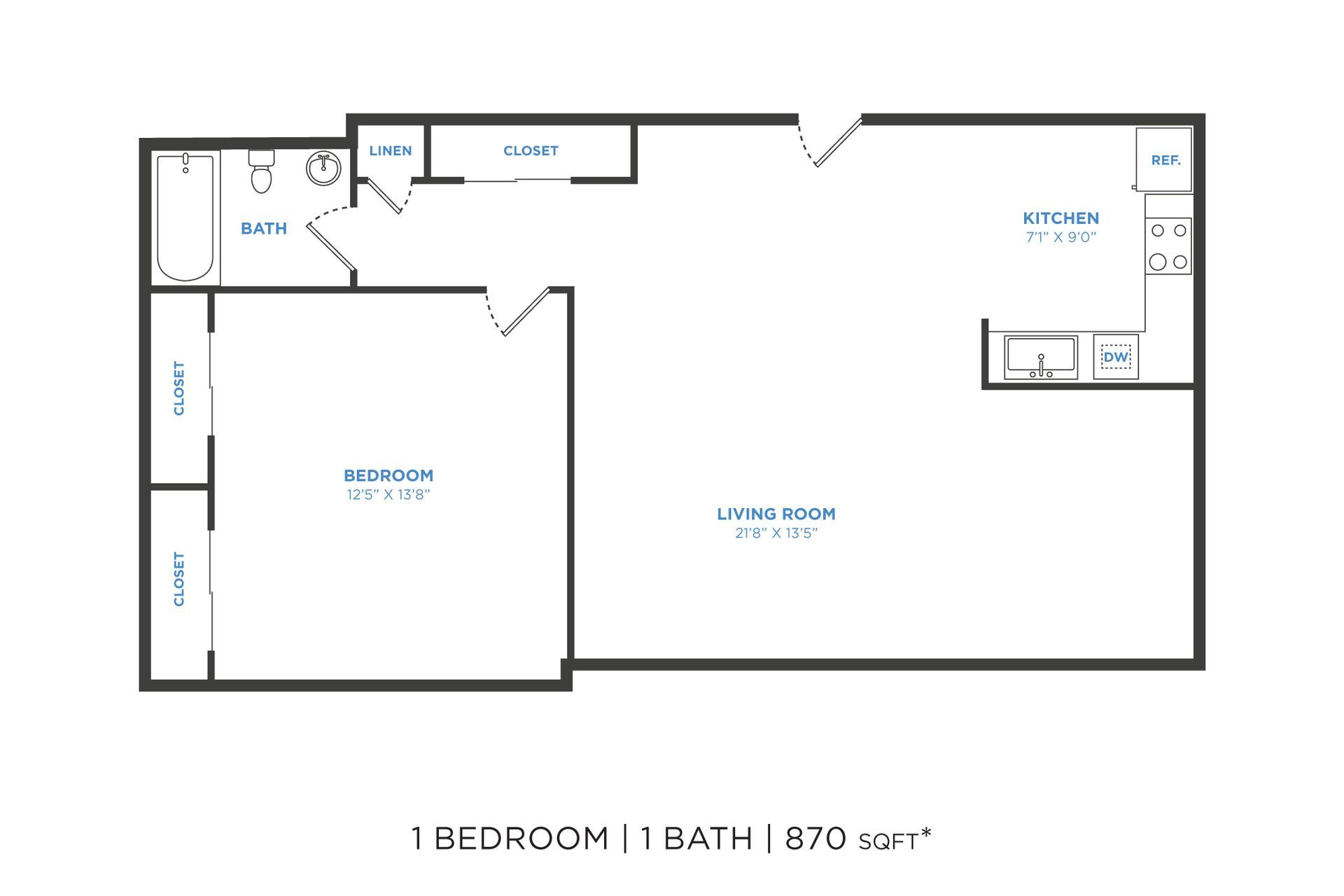 Floor plan of a 1-bedroom, 1-bath apartment showing the layout of rooms including kitchen, living room, and bedroom.