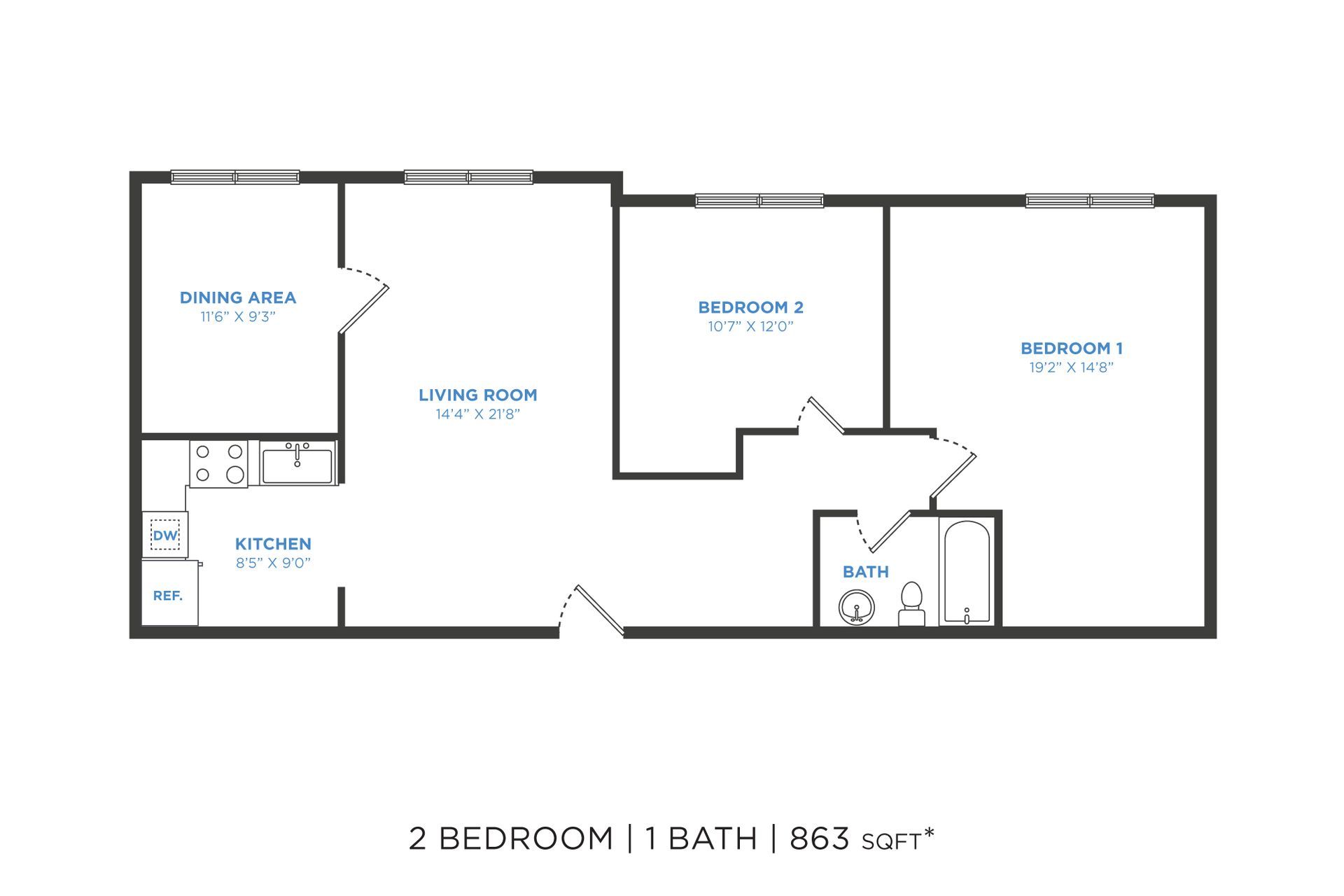 Floor plan for a 2-bedroom, 1-bath apartment. Shows kitchen, living room, two bedrooms, and bathroom.