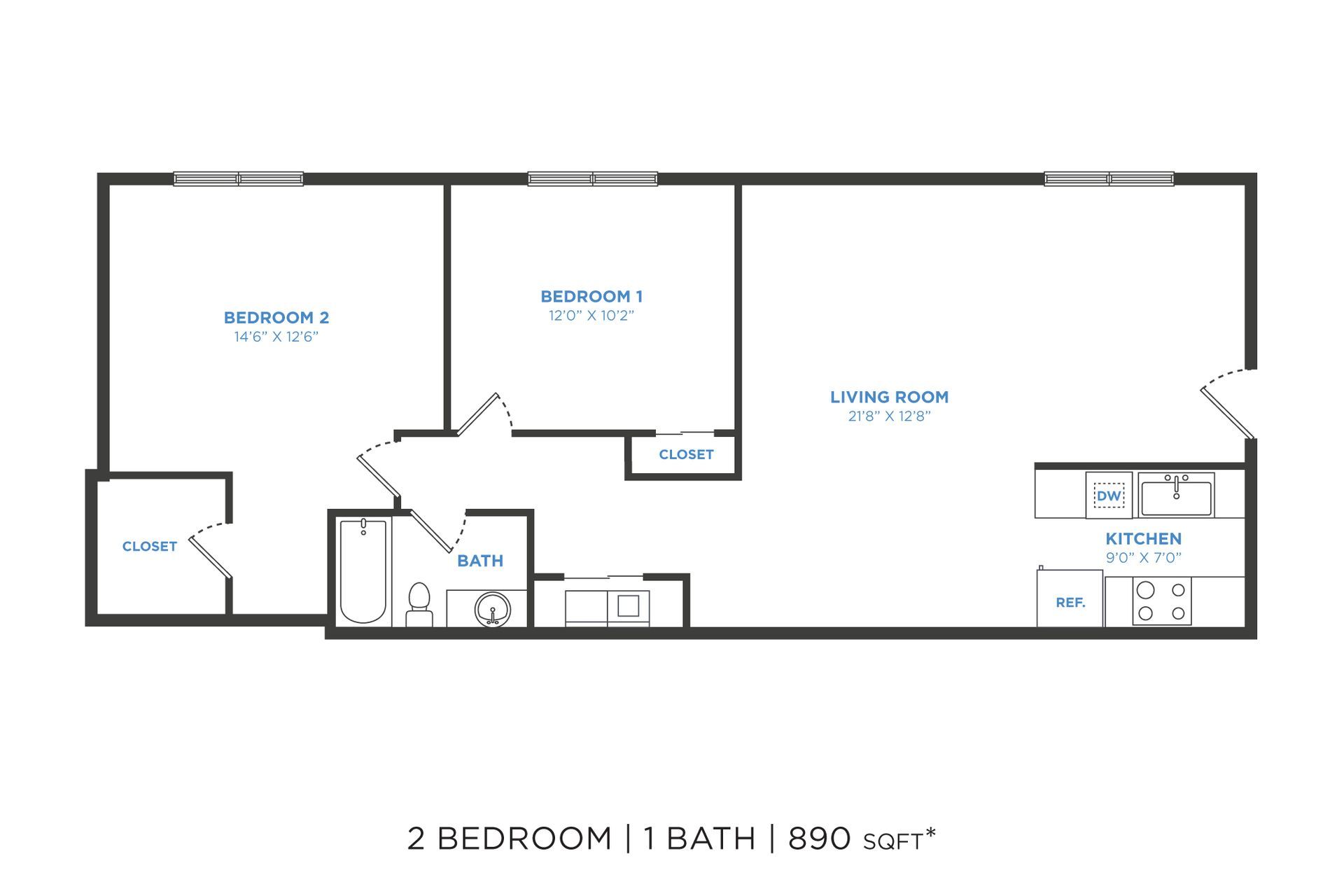 Floor plan: 1-bedroom apartment layout with a den, featuring kitchen, living room, bedroom, and bathroom.