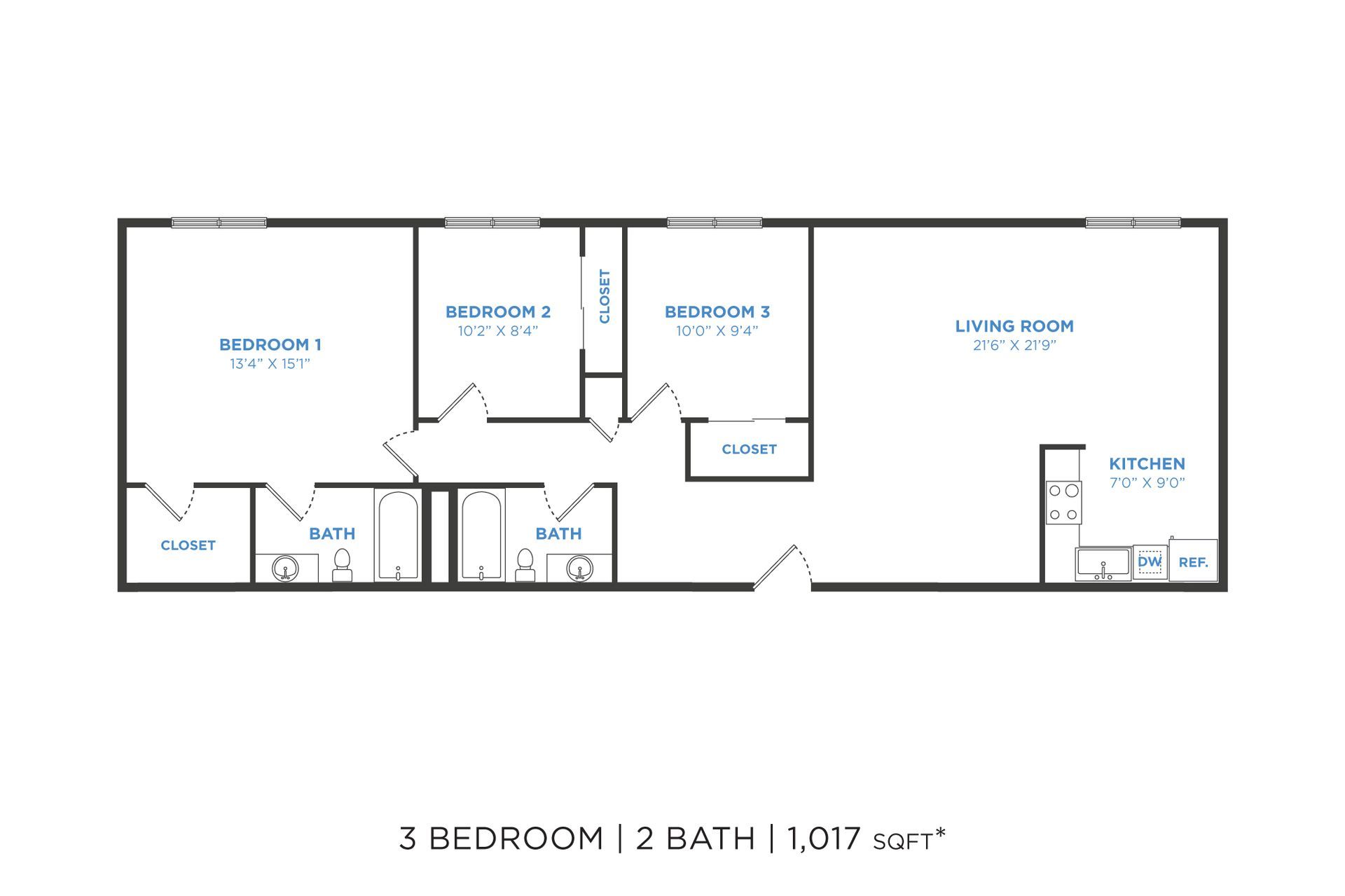 Floor plan of a 1-bedroom, 1-bath apartment showing the layout of rooms including kitchen, living room, and bedroom.