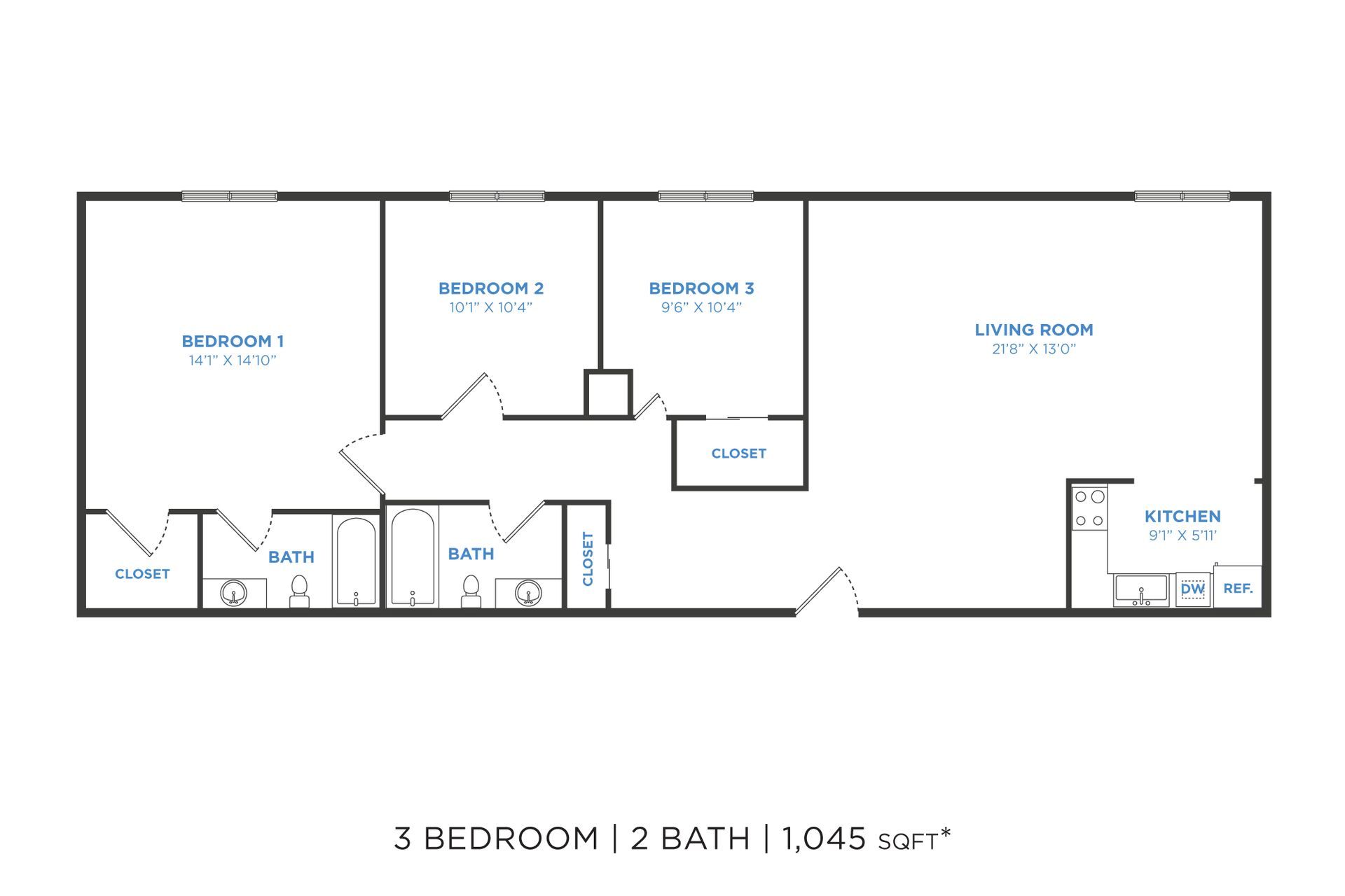 Floor plan for a 2-bedroom, 1-bath apartment. Shows kitchen, living room, two bedrooms, and bathroom.