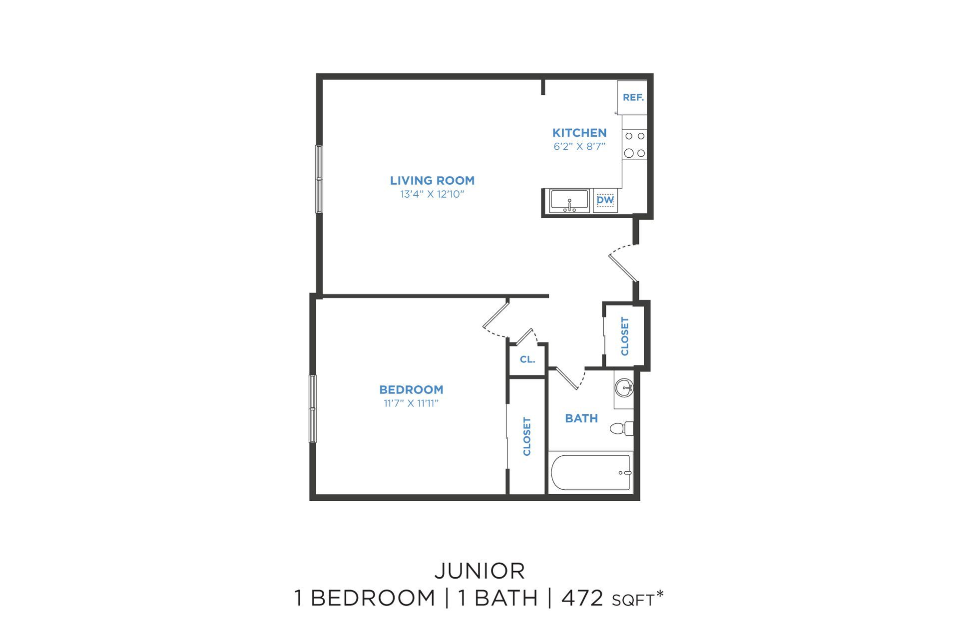 Floor plan of a junior 1-bedroom apartment. Shows living room, kitchen, bedroom, bathroom, and closets.