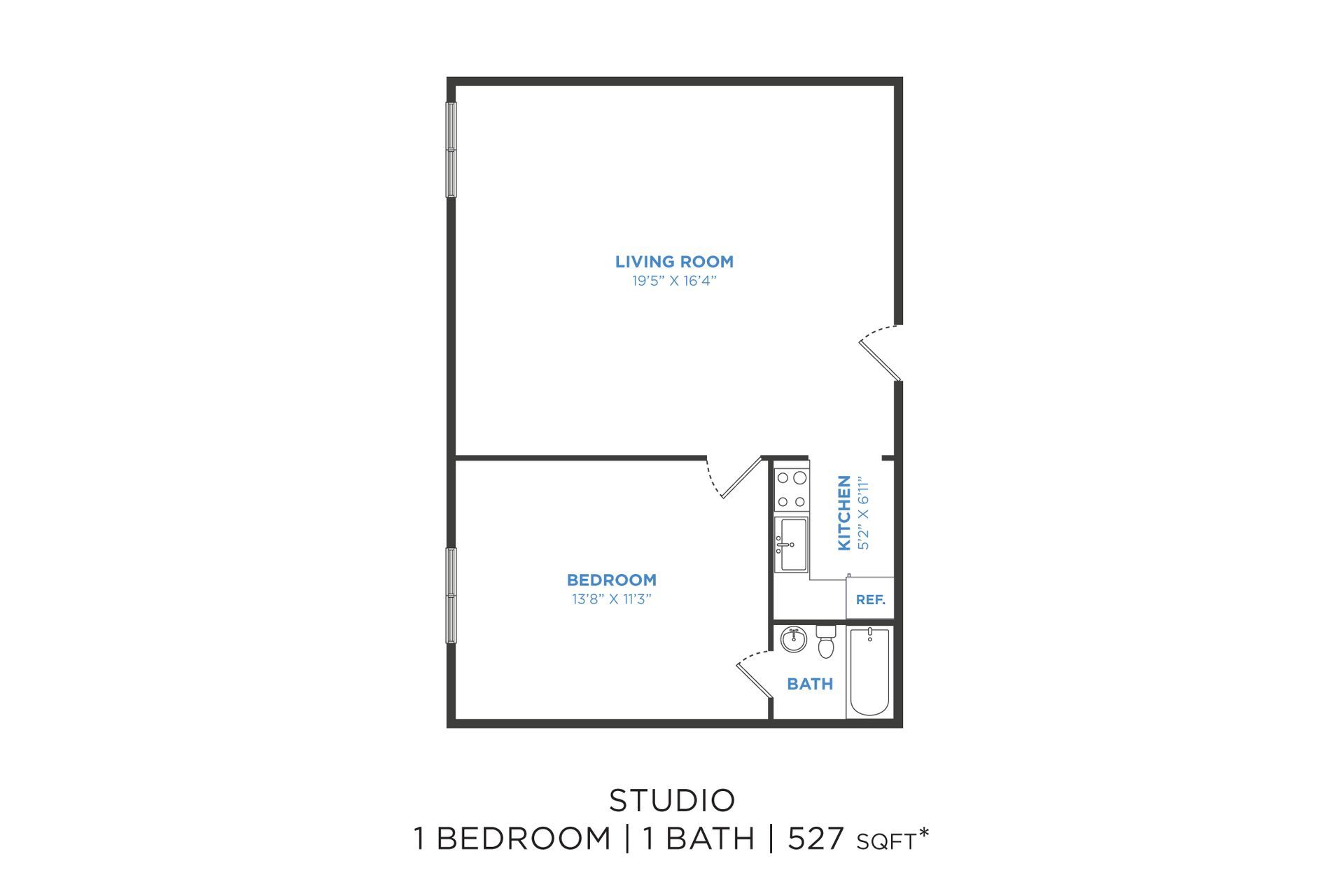 Floor plan of a studio apartment: living room, bedroom, kitchen, bathroom.