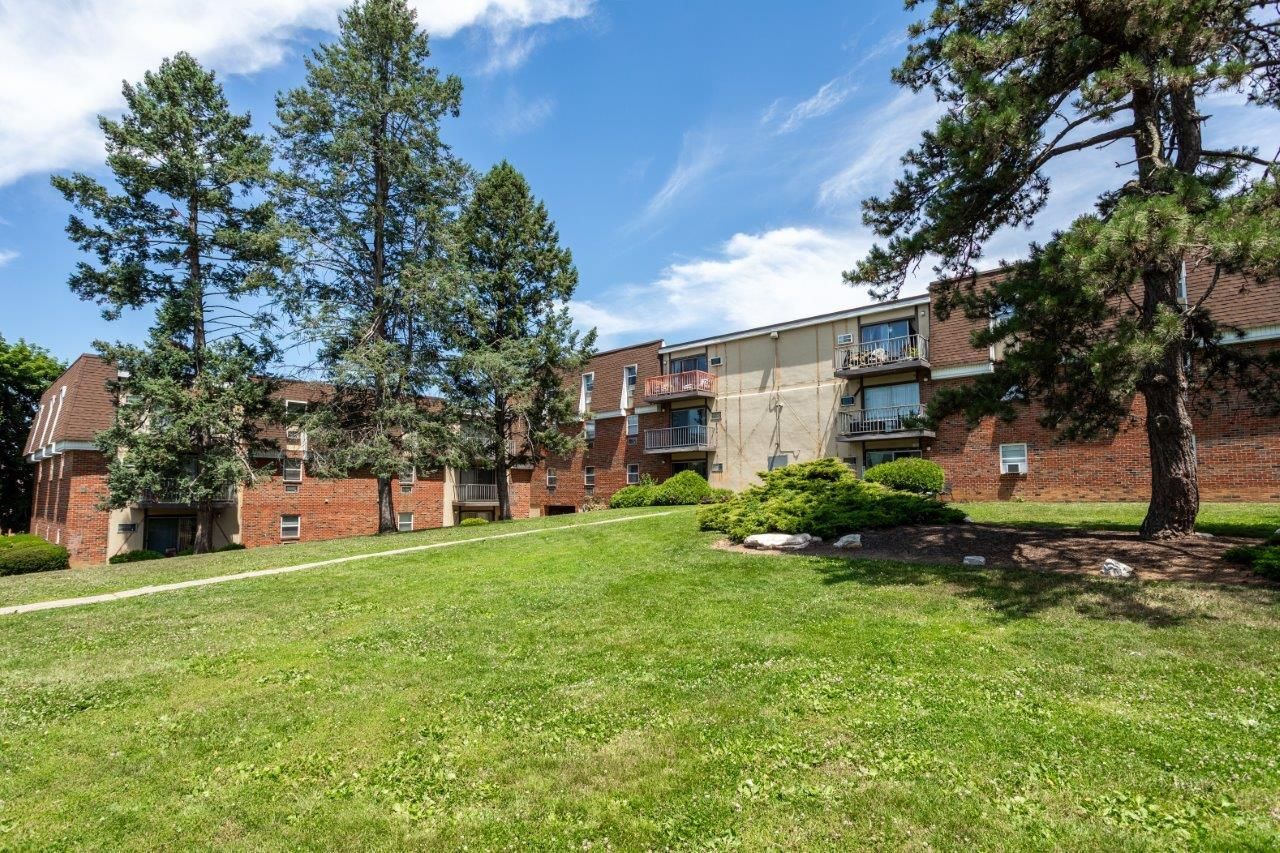 Apartment buildings behind a grassy lawn with tall trees under a blue sky