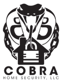 A logo for cobra home security llc with a snake and a house