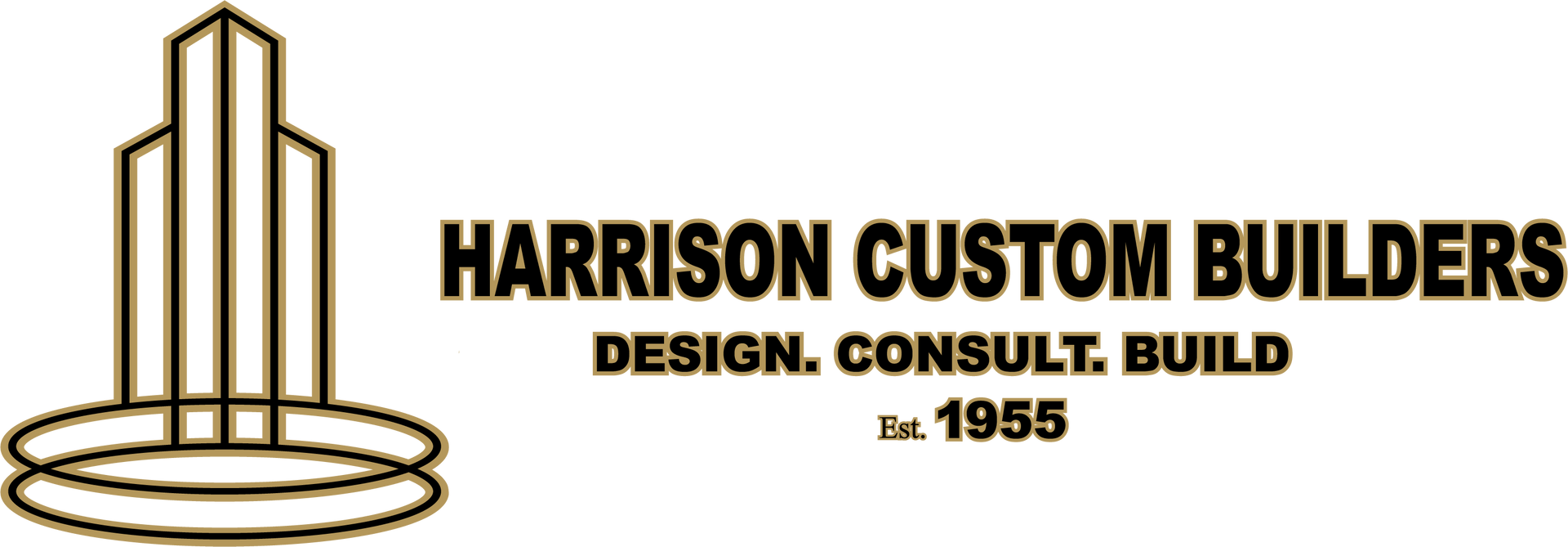 The logo for harrison custom builders shows a house with a red roof.