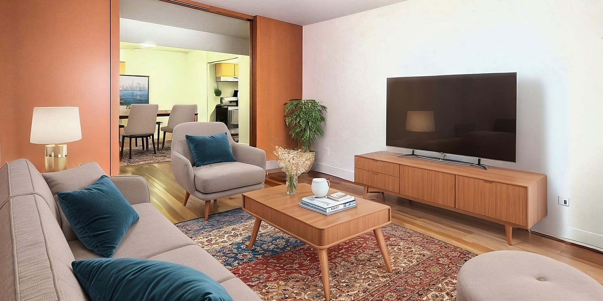 Living room with TV, sofa, armchair, coffee table, and area rug. A dining room is visible through a doorway.