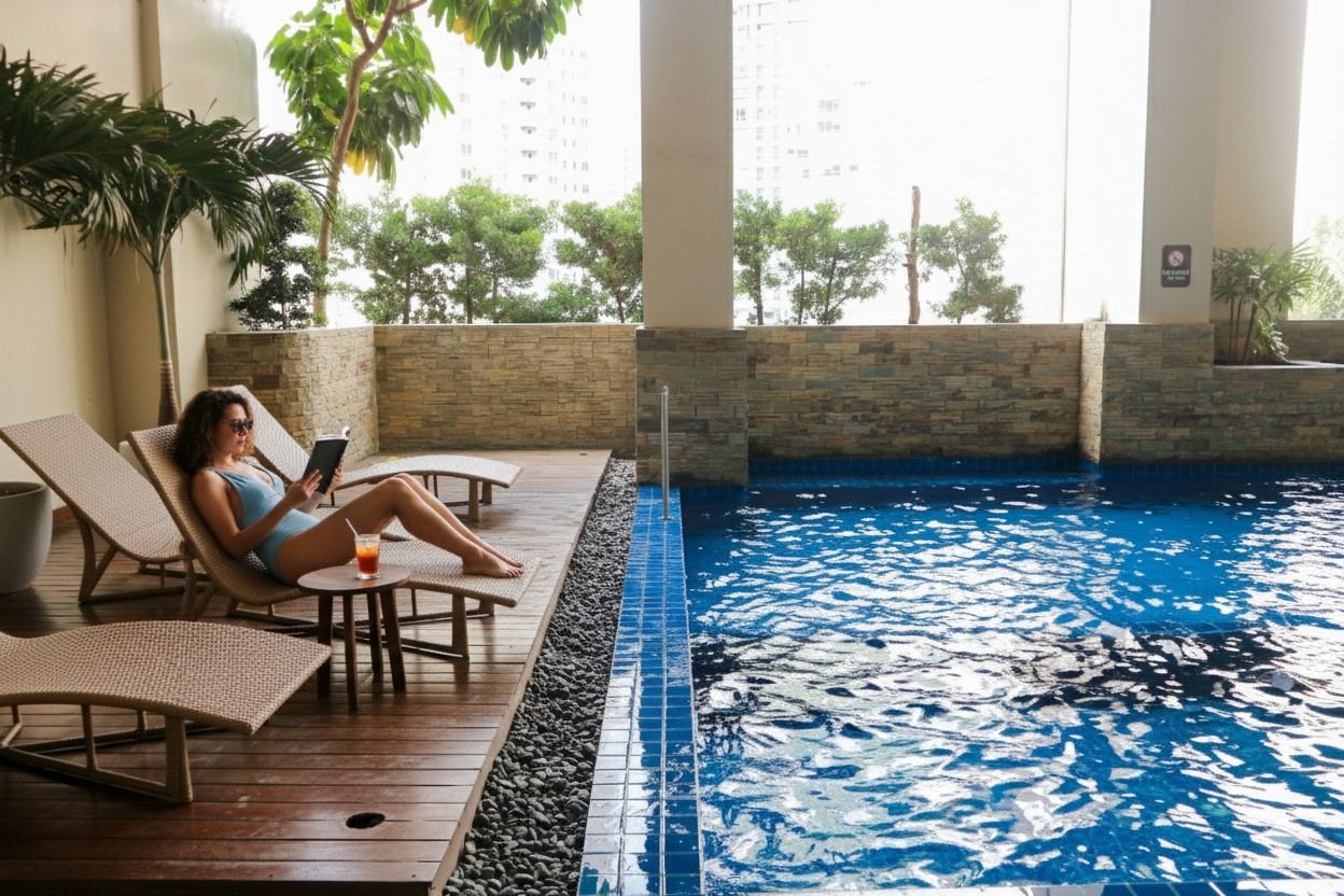 Woman in swimsuit reads by pool, sunlight streaming in.