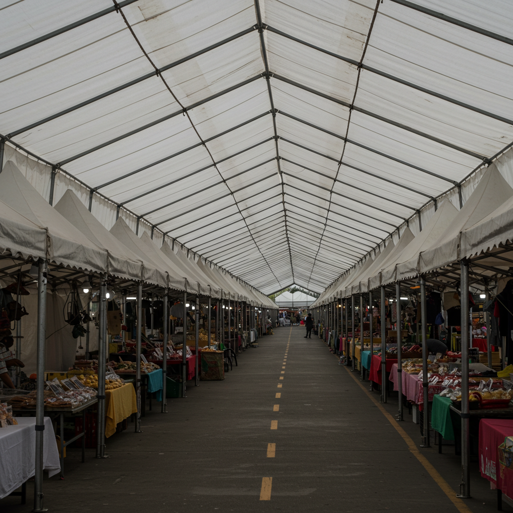 An aisle in a covered market, lined with vendor stalls, displaying various goods.