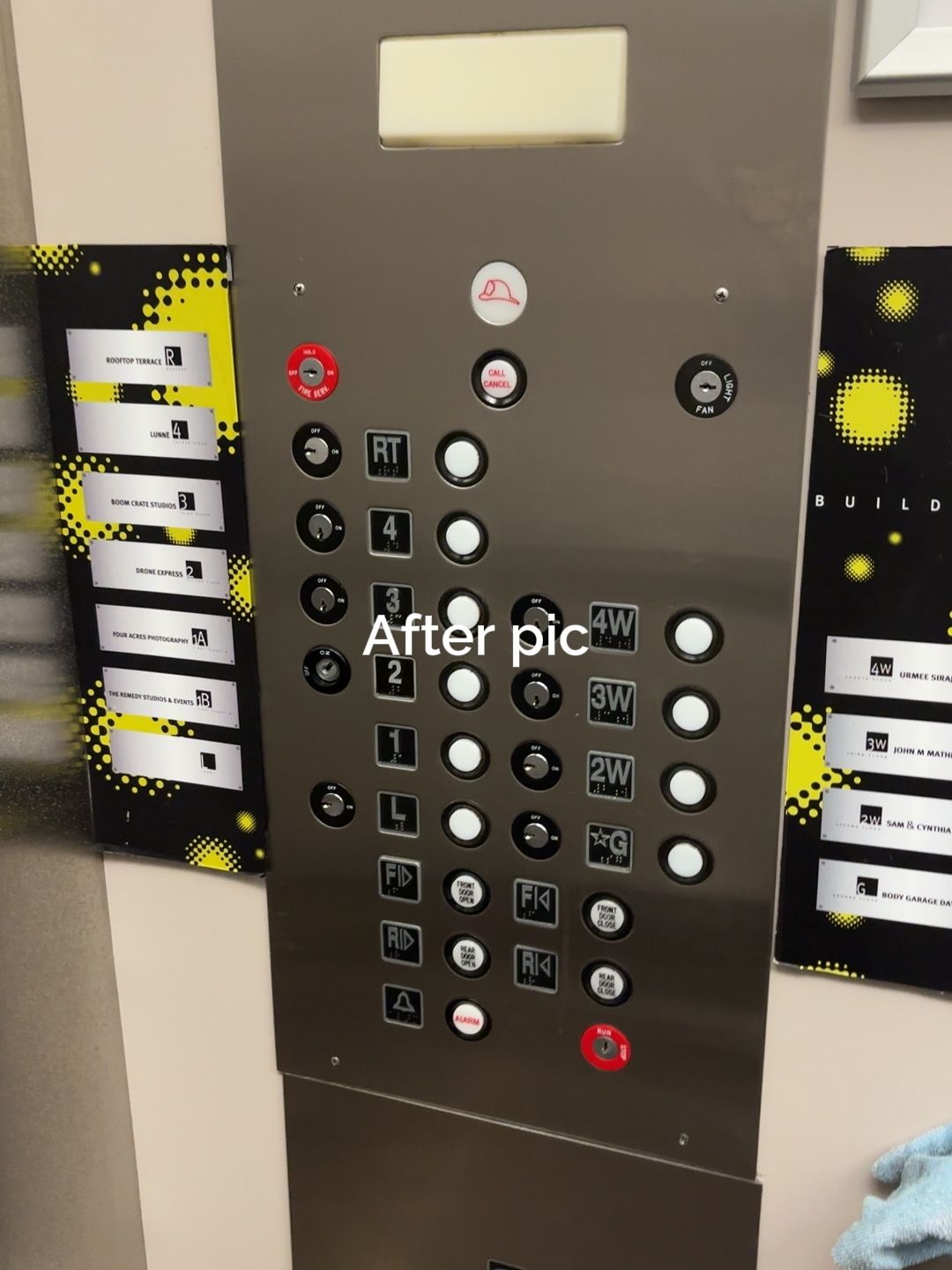 A picture of an elevator control panel with the caption after pic