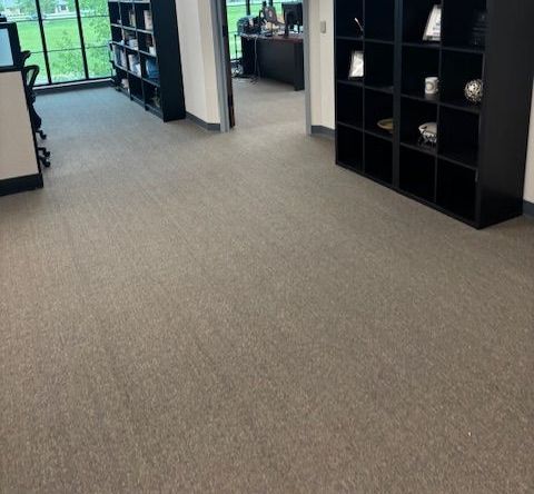 A room with a carpeted floor and shelves in it