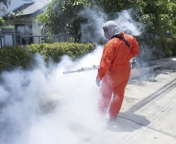 A Man In An Orange Suit Is Spraying Smoke On The Ground For Mosquito — Brazel's Pest Control in Dorrigo, NSW
