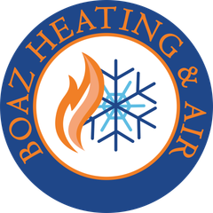Logo for Boaz Heating & Air: flame and snowflake inside a blue and orange circle.