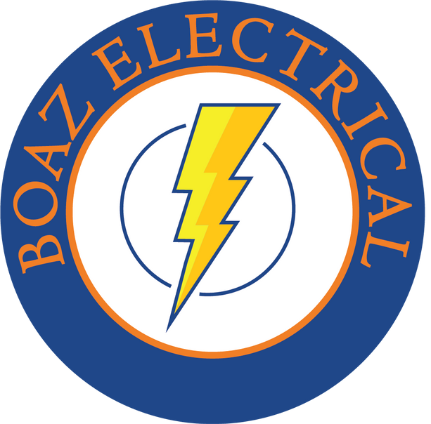 Logo for Boaz Electrical, blue circle with orange border. Yellow lightning bolt in the center, 