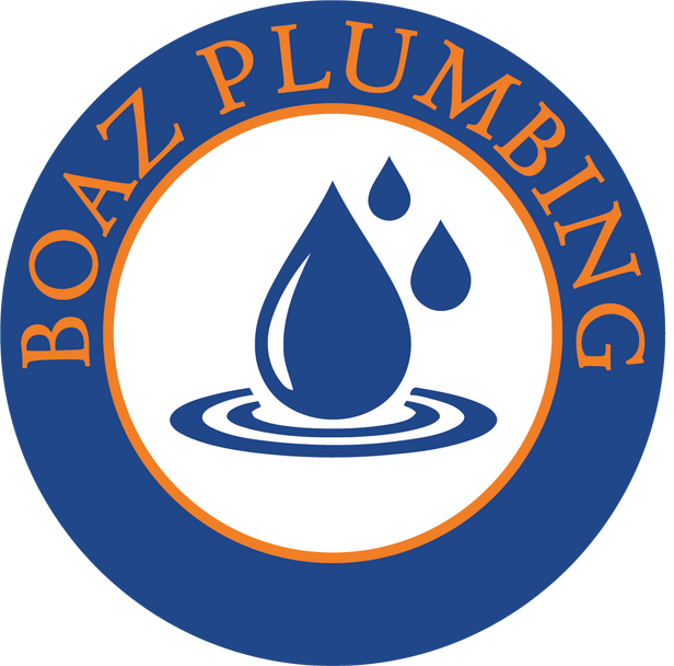 Boaz Plumbing logo: blue and orange circular design with water drops over ripples.
