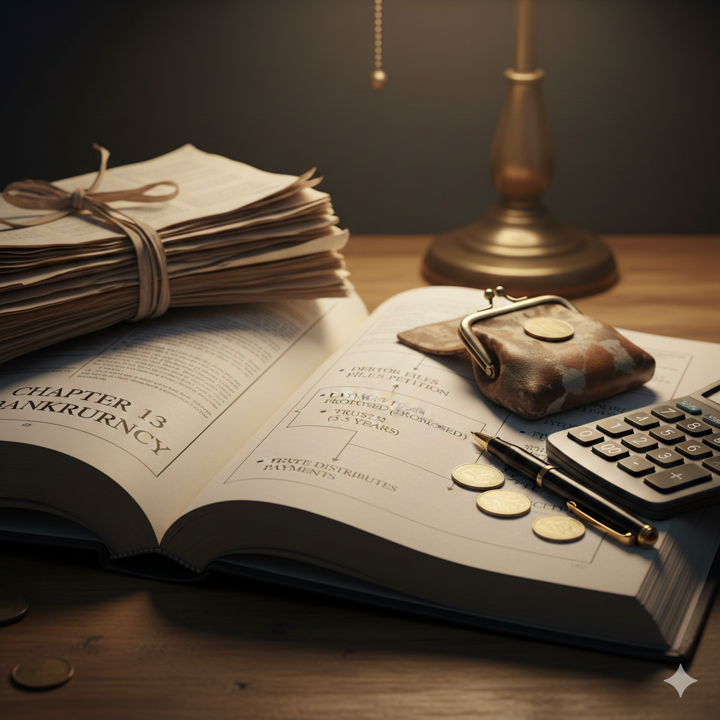 Open book on Chapter 13 bankruptcy with purse, coins, calculator, pen, and tied papers.
