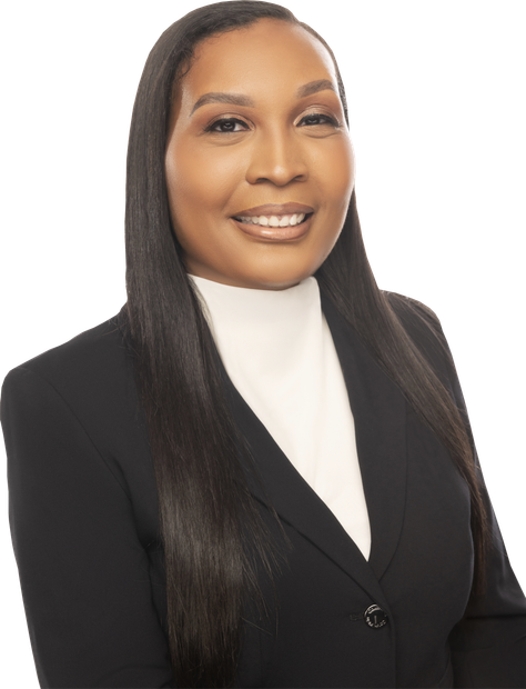 Woman in black blazer smiles, white turtleneck under, long black hair.