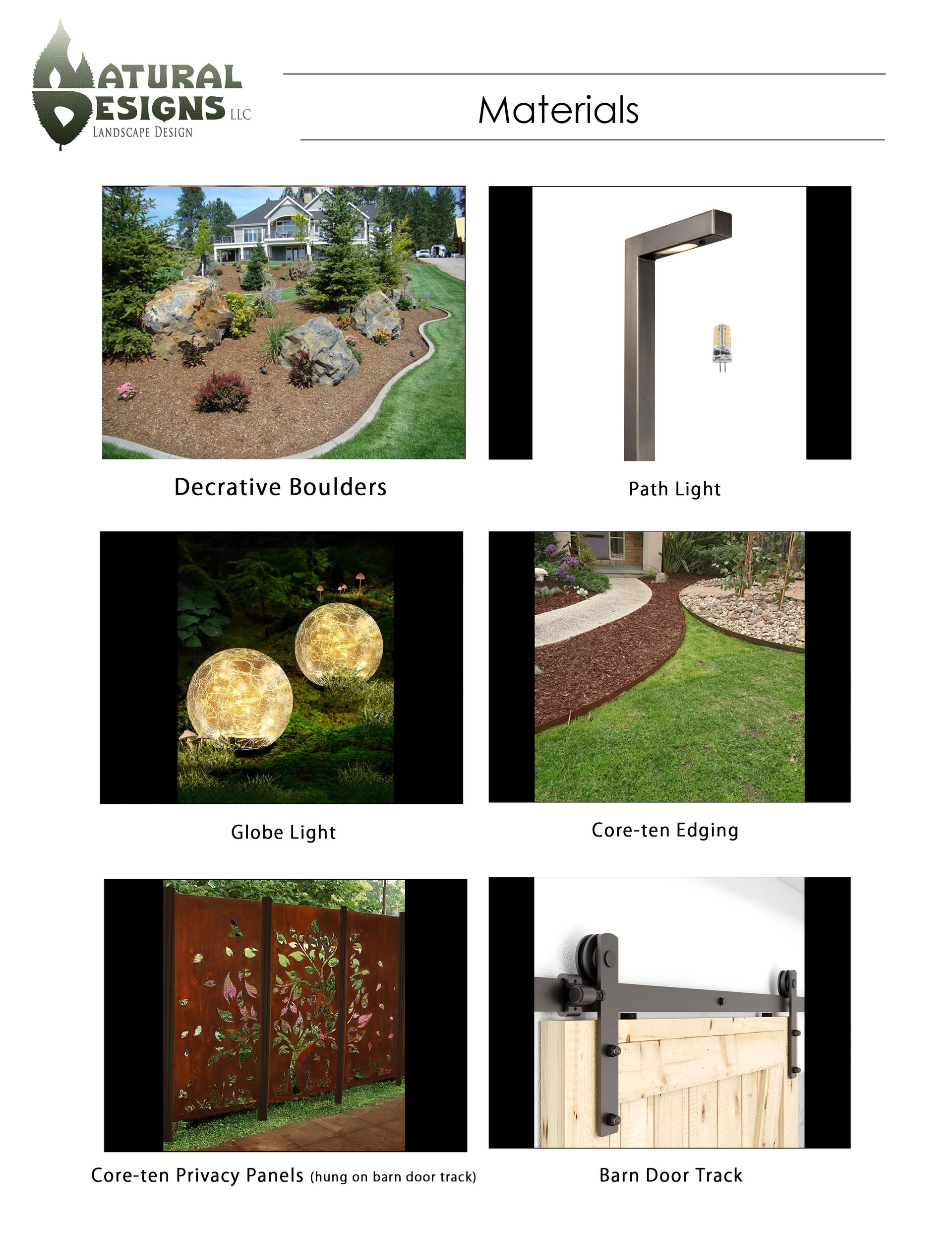 Materials for Natural Designs project: decorative boulders, path light, globe lights, cypress wood, Corten flower screen, barn door track.