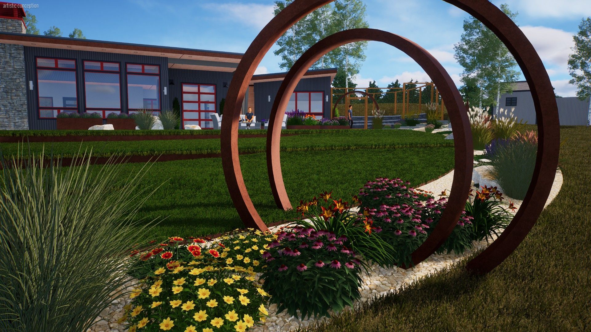 Modern building with circular metal sculpture and colorful flower beds in a landscaped garden