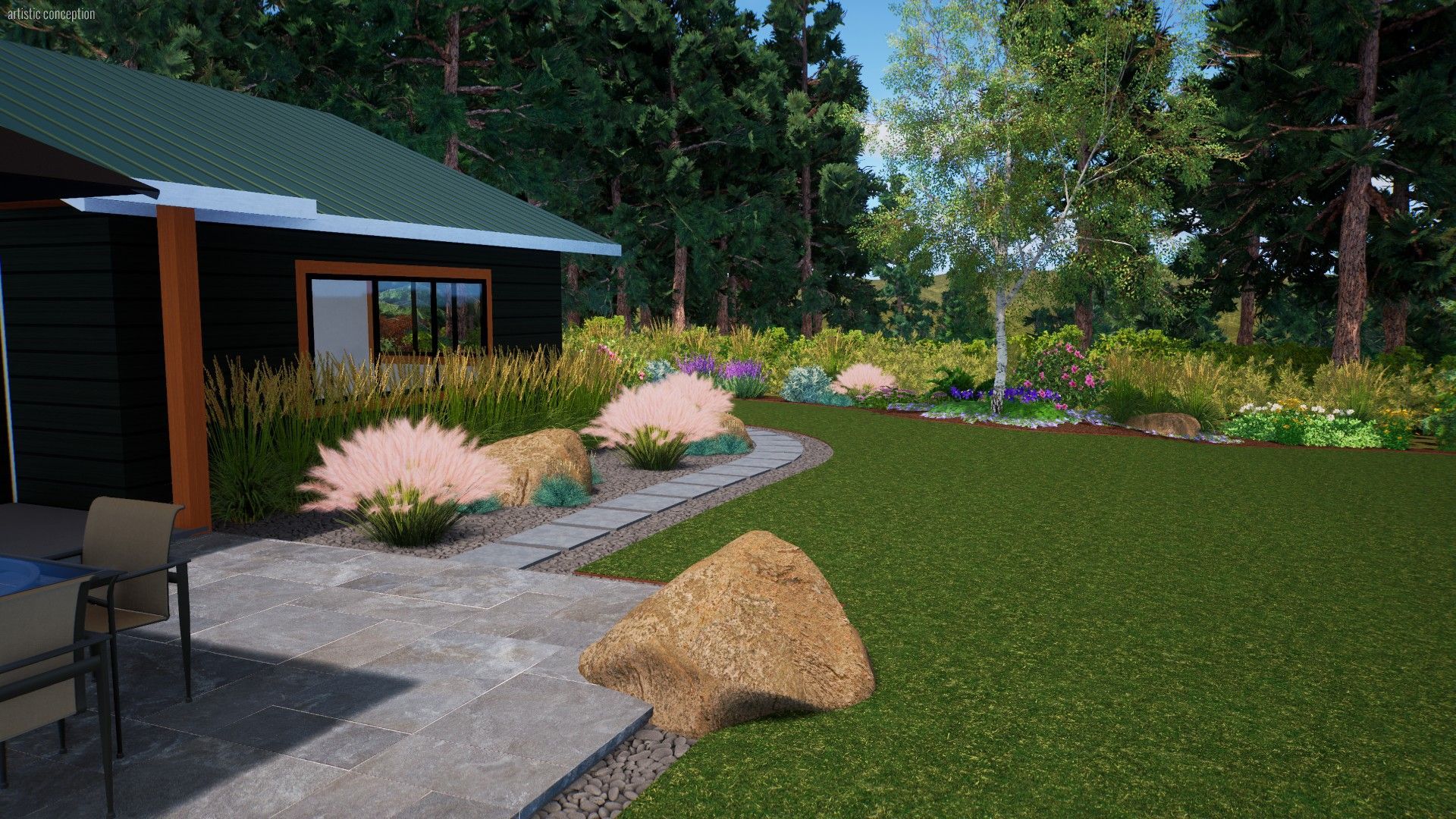 Modern landscaped yard with stone path, pink flowers, rocks, and a small cabin beside a lawn and trees