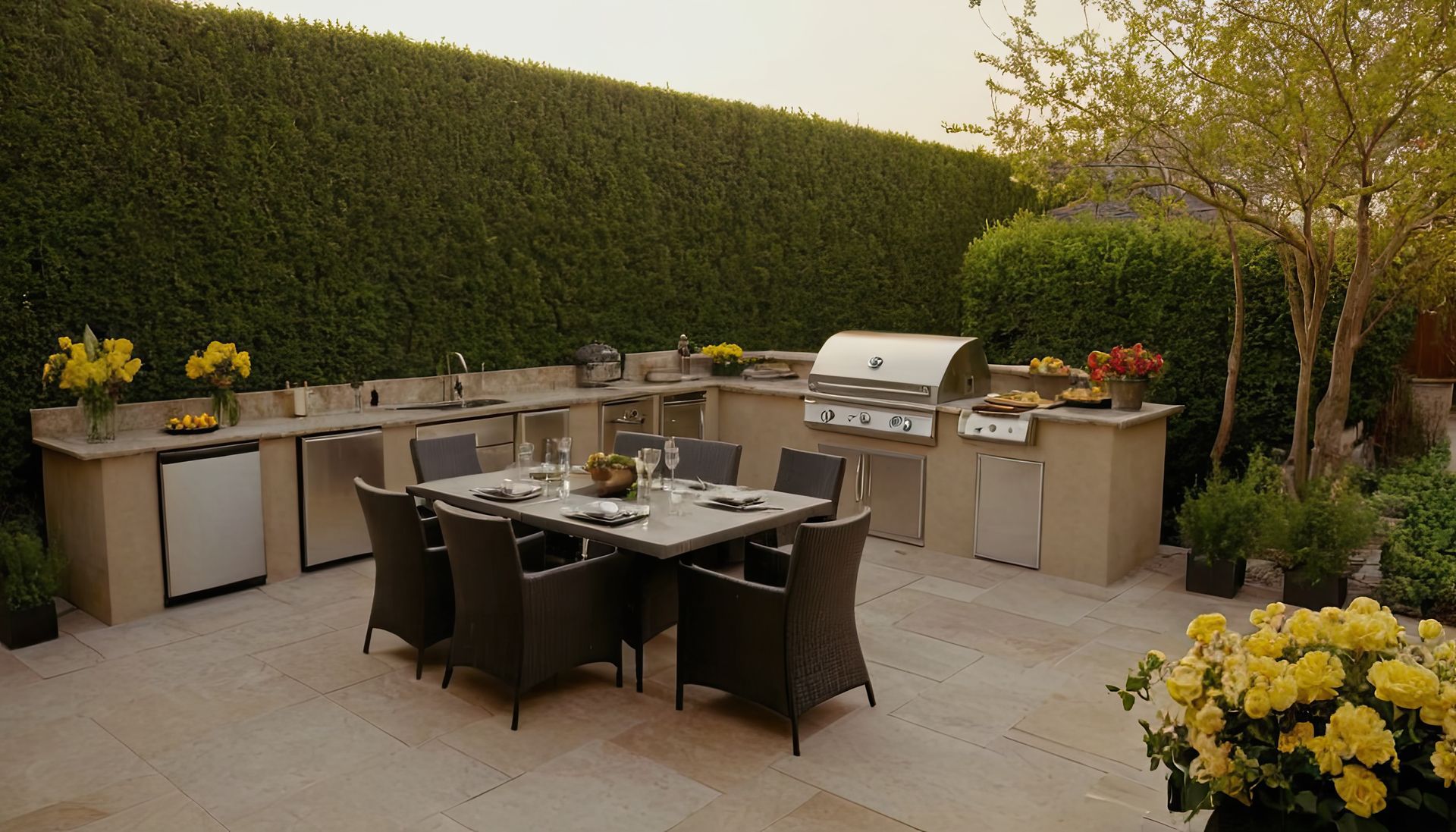 Outdoor kitchen with grill, sink, refrigerator, and dining table on a patio surrounded by hedges and plants.