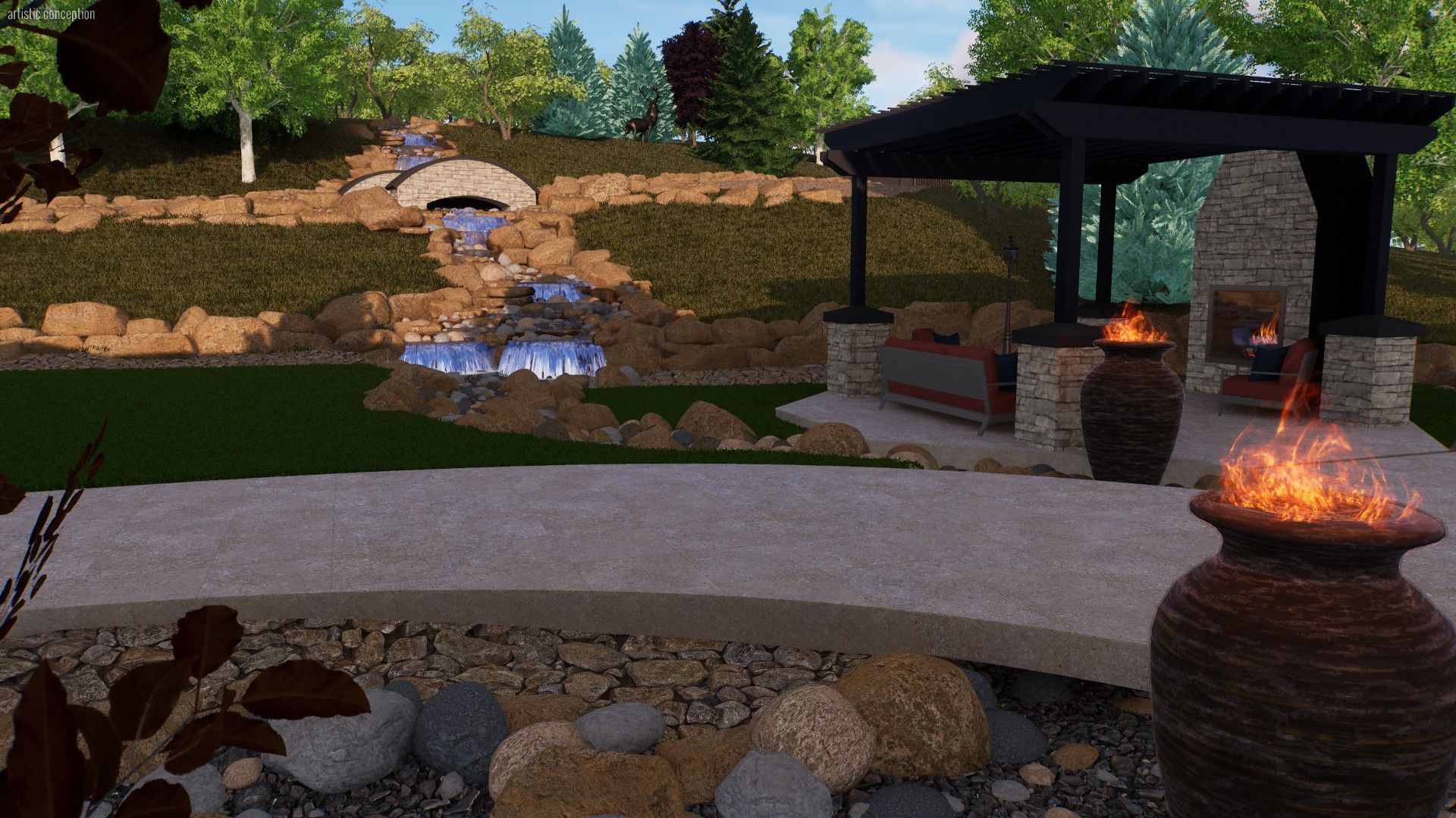 Landscaped backyard with a waterfall, gazebo, fireplace, and decorative fire pots.