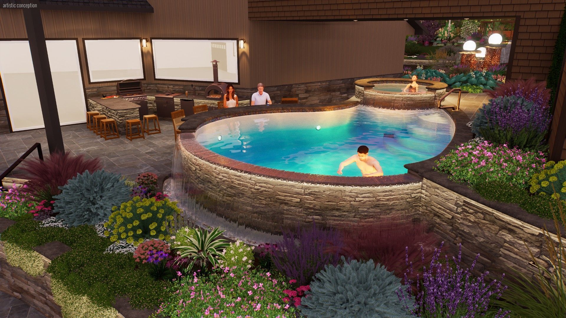Outdoor hot tub beside a patio, surrounded by flowers, with two people relaxing in the water.