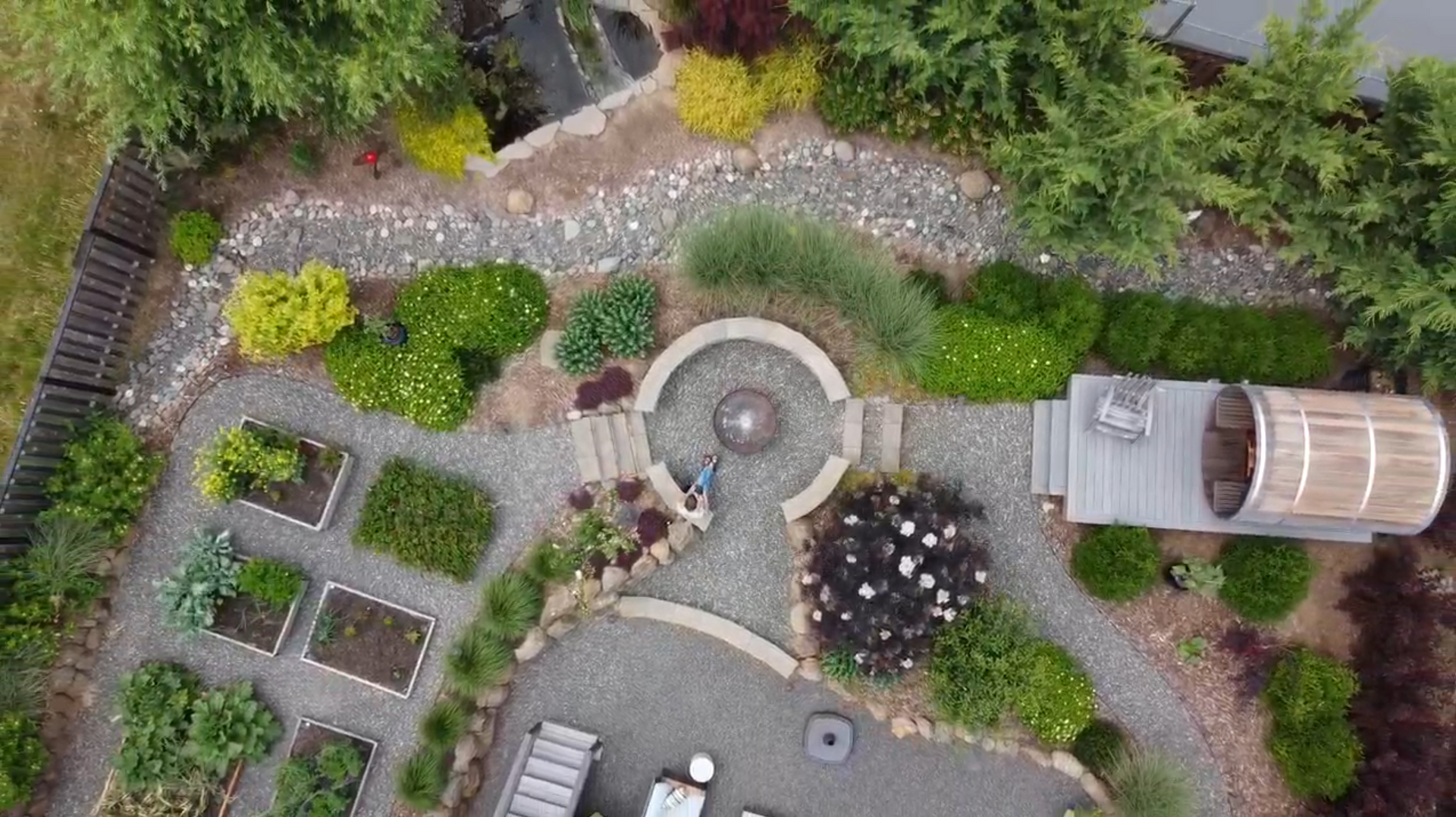 Aerial view of a garden with a stone path, fire pit, raised garden beds, and a hot tub.