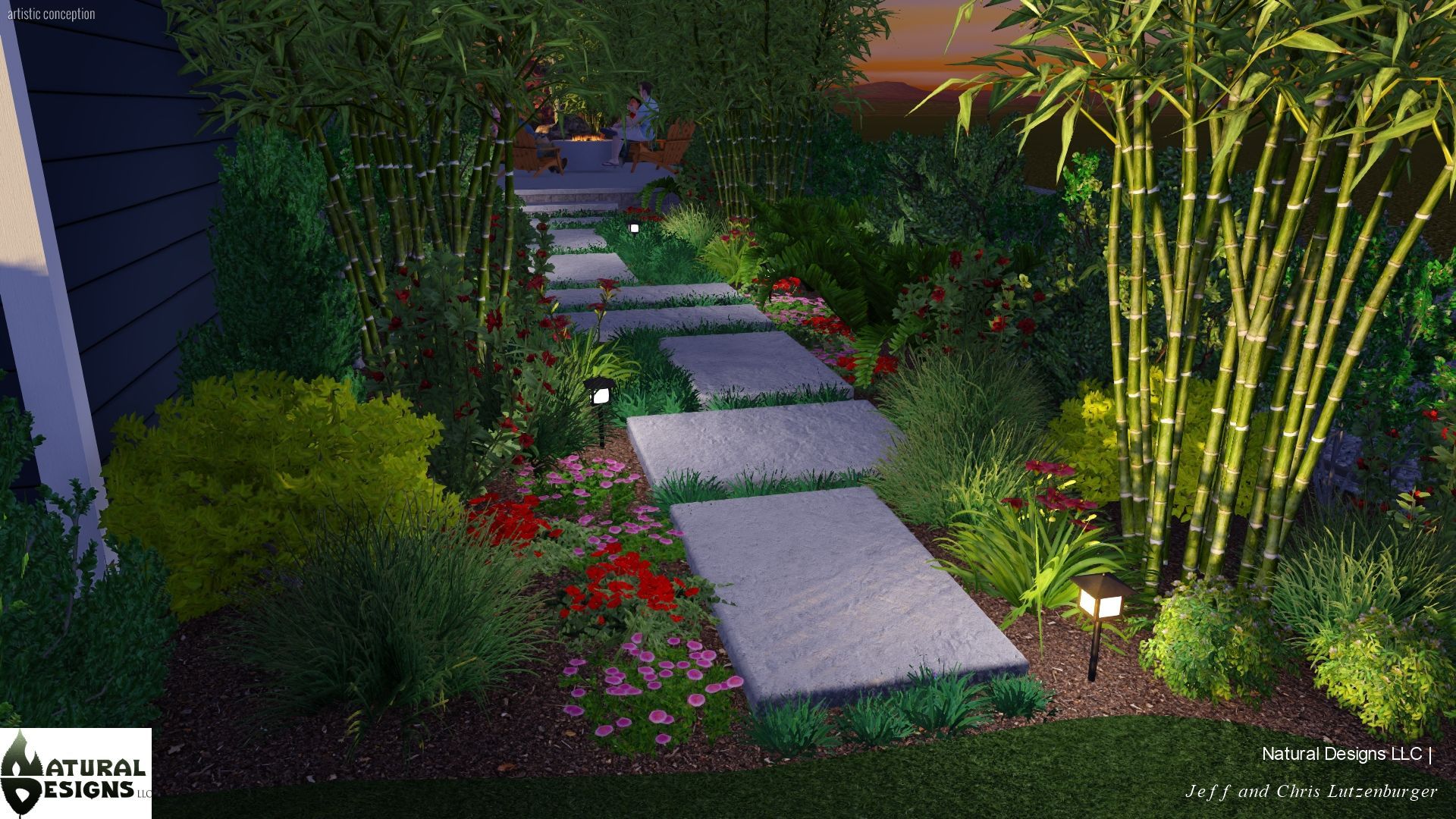 Lit garden path with stepping stones, red flowers, and tall bamboo beside a home at dusk