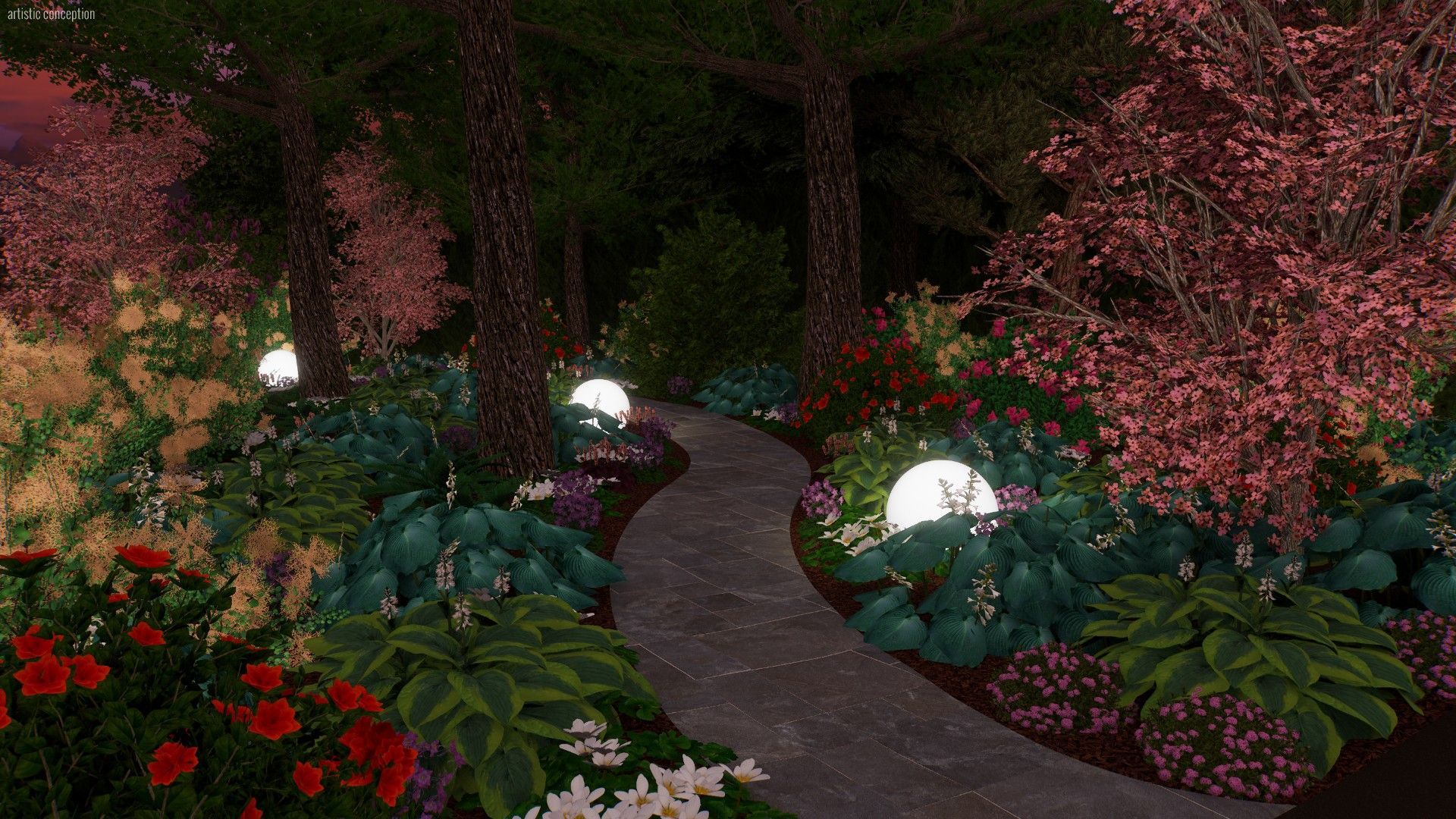 A winding stone path through a flower garden at dusk, illuminated by glowing orbs and colorful blossoms.