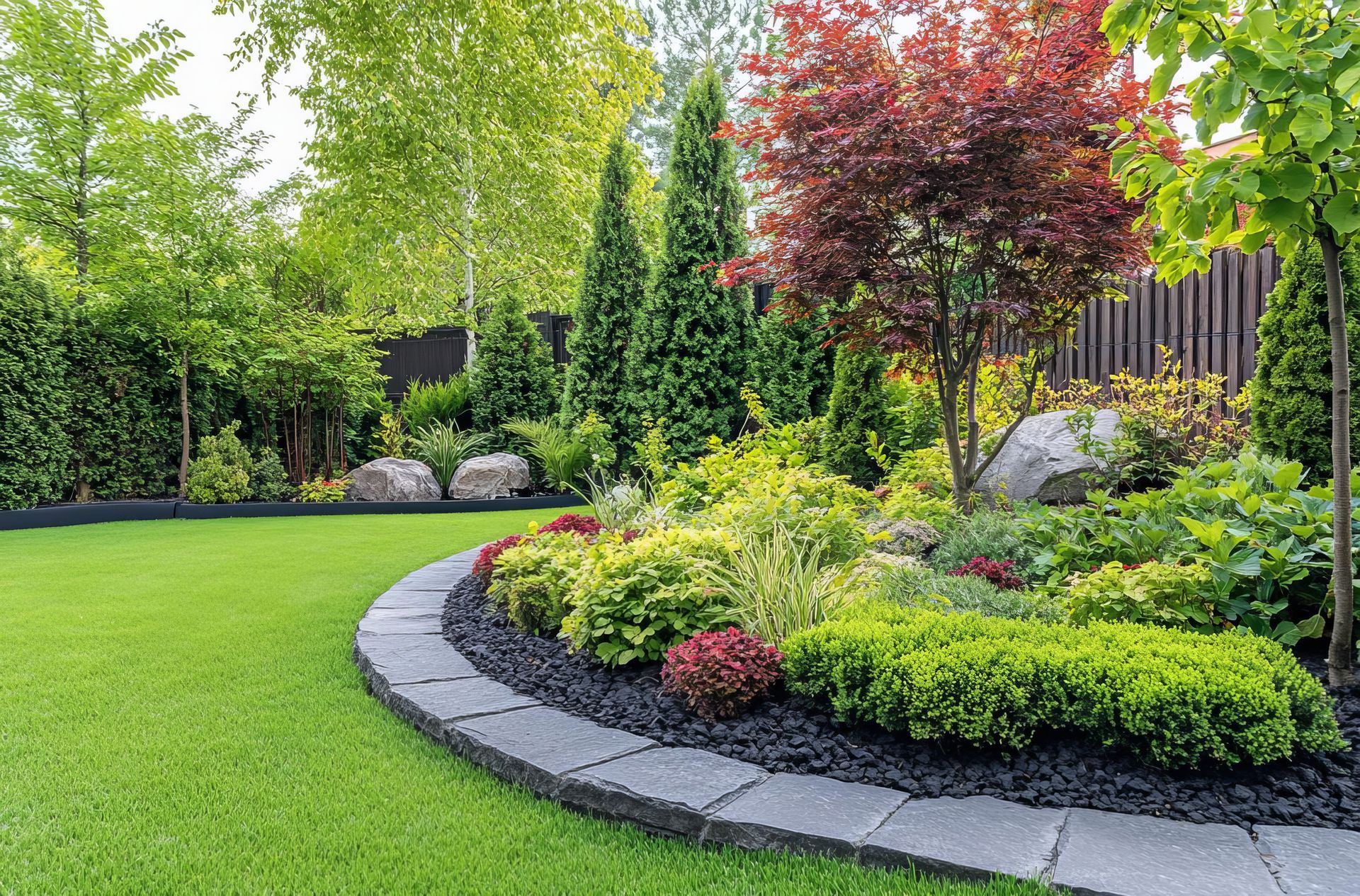 A landscaped garden with green lawn, curved stone border, and colorful plants and trees.