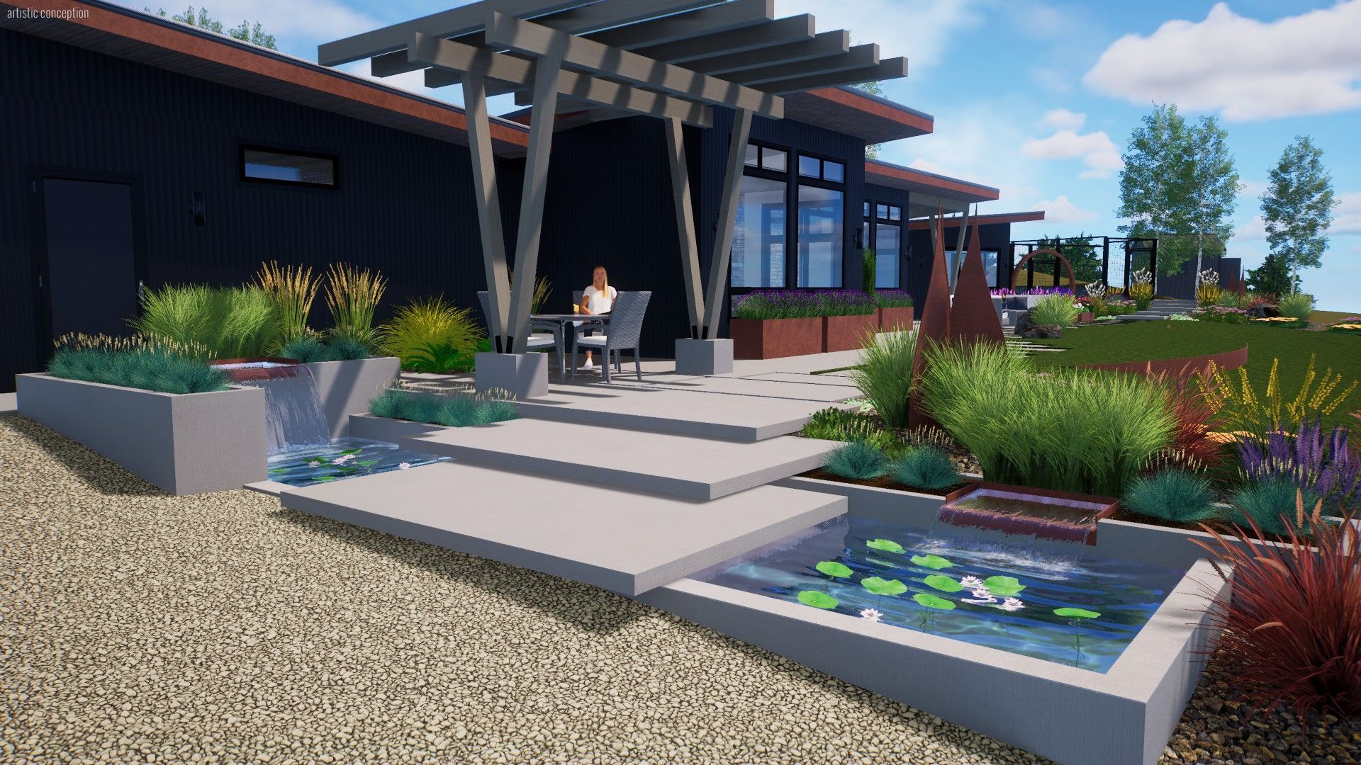 Modern home with a patio featuring a water feature, pergola, and lush landscaping; a person sits at a table.
